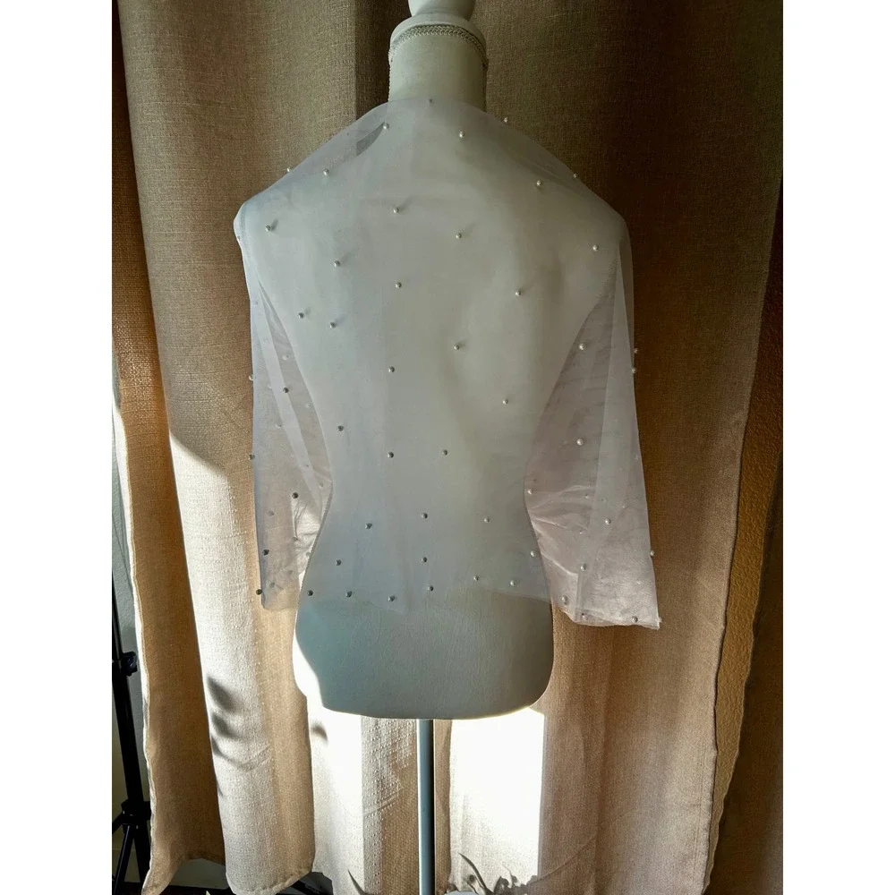 White Tulle Pearl Bridal Shrug Wedding Wrap Capelet Off Shoulder Bolero